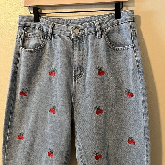 Romwe Jeans Women Embroidery Tomatoes Cherry Farmers Market Veggie Fruit L Cute - Picture 2 of 6